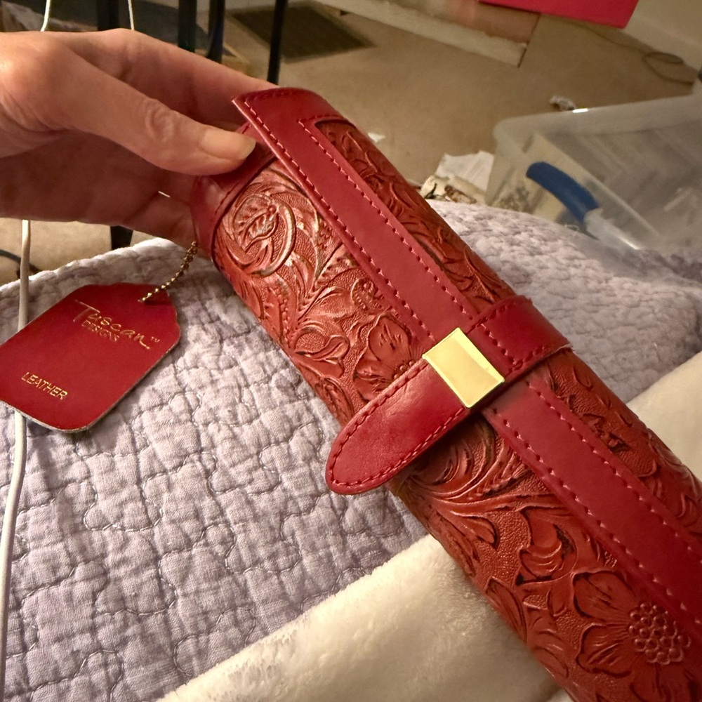 Tuscan Designs jewelry holder Floral Embossed Red Leather